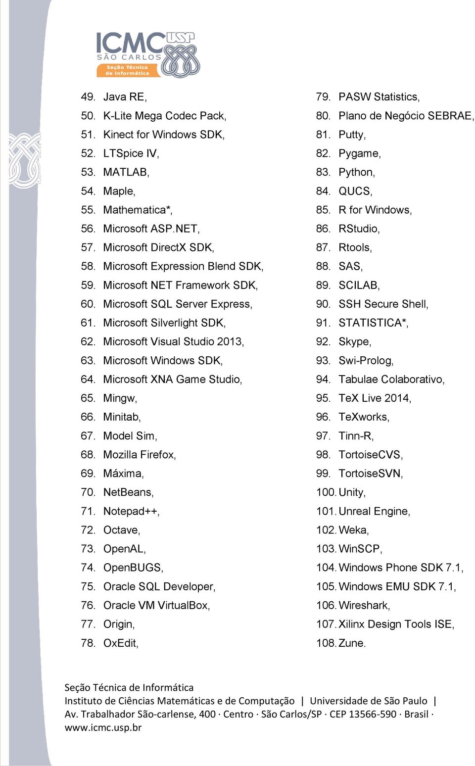 Microsoft XNA Game Studio, 65. Mingw, 66. Minitab, 67. Model Sim, 68. Mozilla Firefox, 69. Máxima, 70. NetBeans, 71. Notepad++, 72. Octave, 73. OpenAL, 74. OpenBUGS, 75. Oracle SQL Developer, 76.
