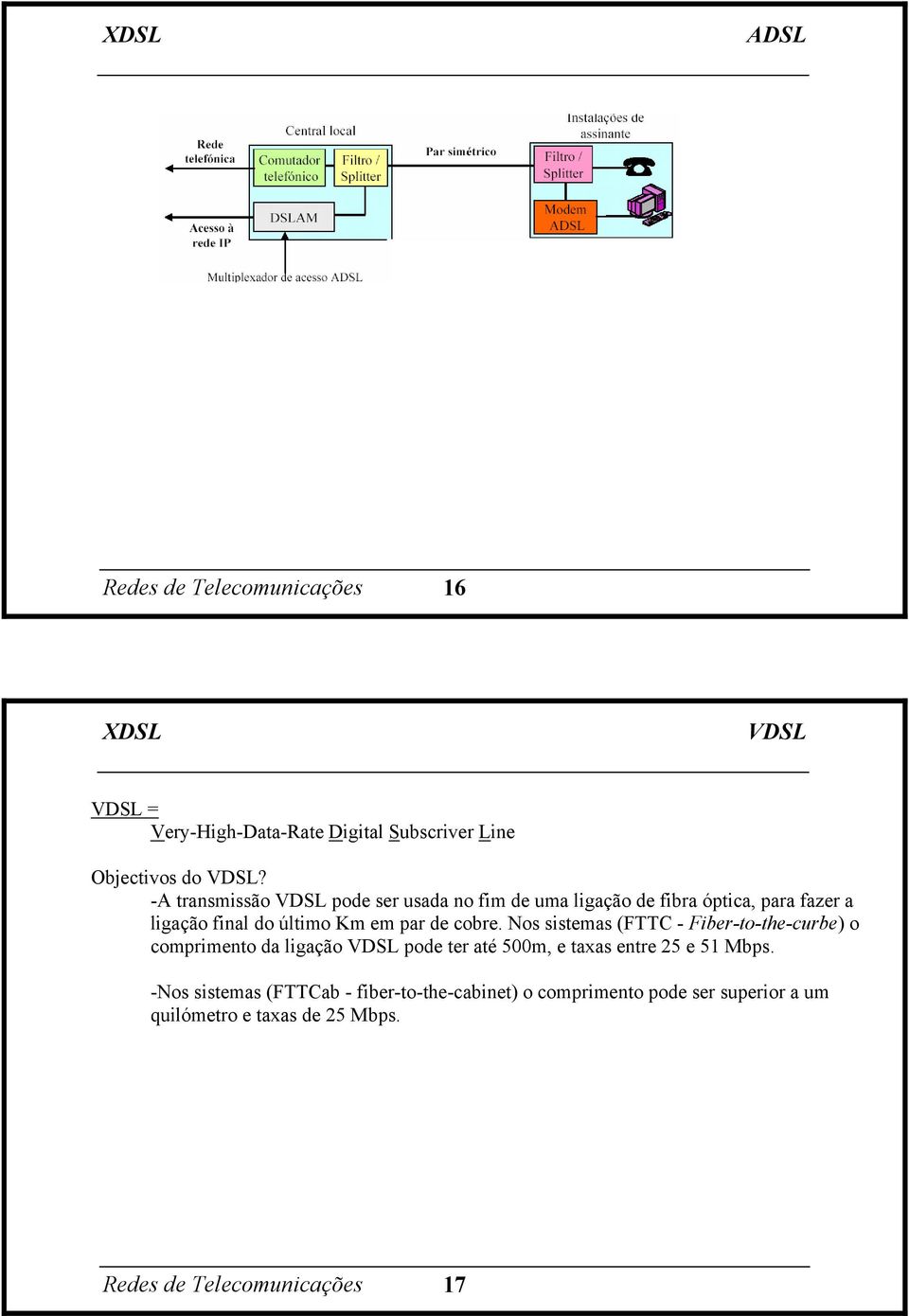 cobre. Nos sistemas (FTTC - Fiber-to-the-curbe) o comprimento da ligação VDSL pode ter até 500m, e taxas entre 25 e 51 Mbps.