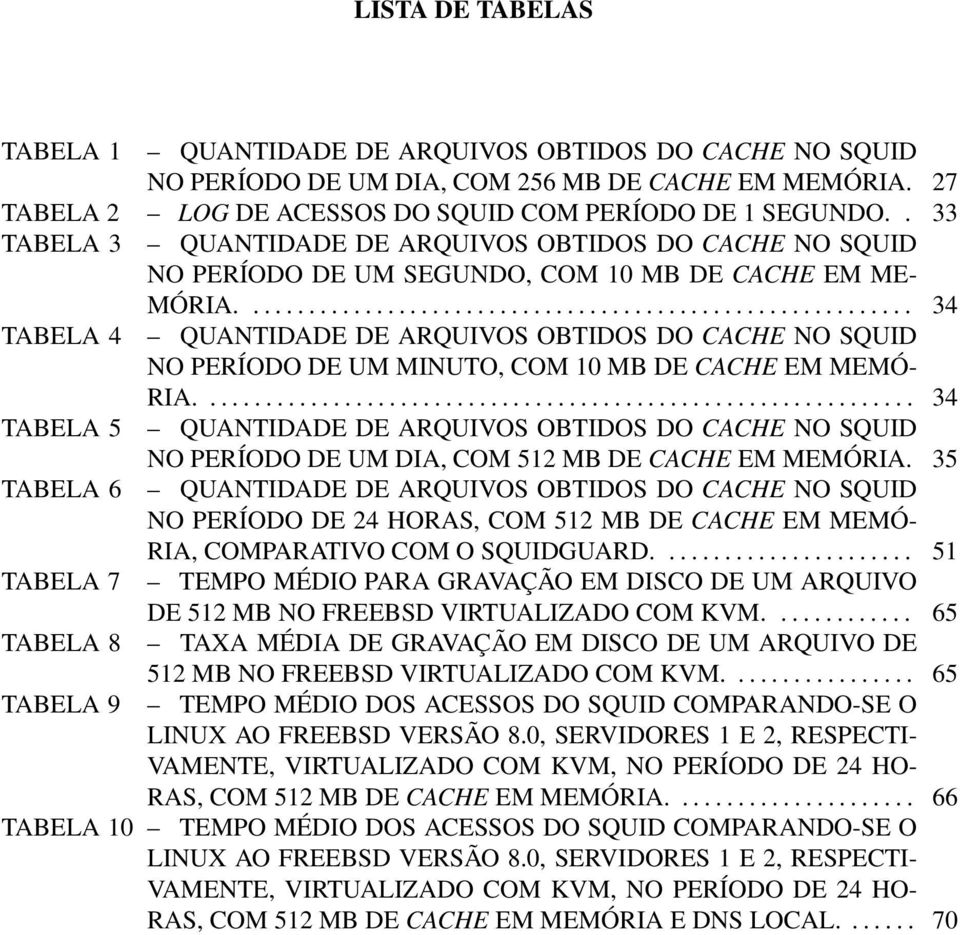 ........................................................... 34 TABELA 4 QUANTIDADE DE ARQUIVOS OBTIDOS DO CACHE NO SQUID NO PERÍODO DE UM MINUTO, COM 10 MB DE CACHE EM MEMÓ- RIA.