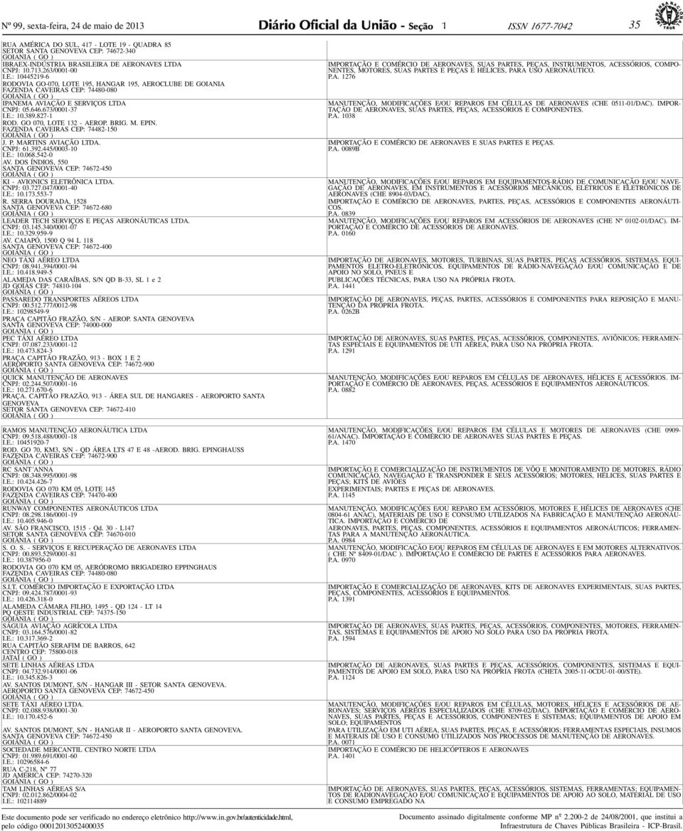 673/0001-37 I.E.: 10.389.827-1 ROD. GO 070, LOTE 132 - AEROP. BRIG. M. EPIN. FAZENDA CAVEIRAS CEP: 74482-150 GOIÂNIA ( GO ) J. P. MARTINS AVIAÇÃO LTDA. CNPJ: 61.392.445/0003-10 I.E.: 10.068.542-0 AV.