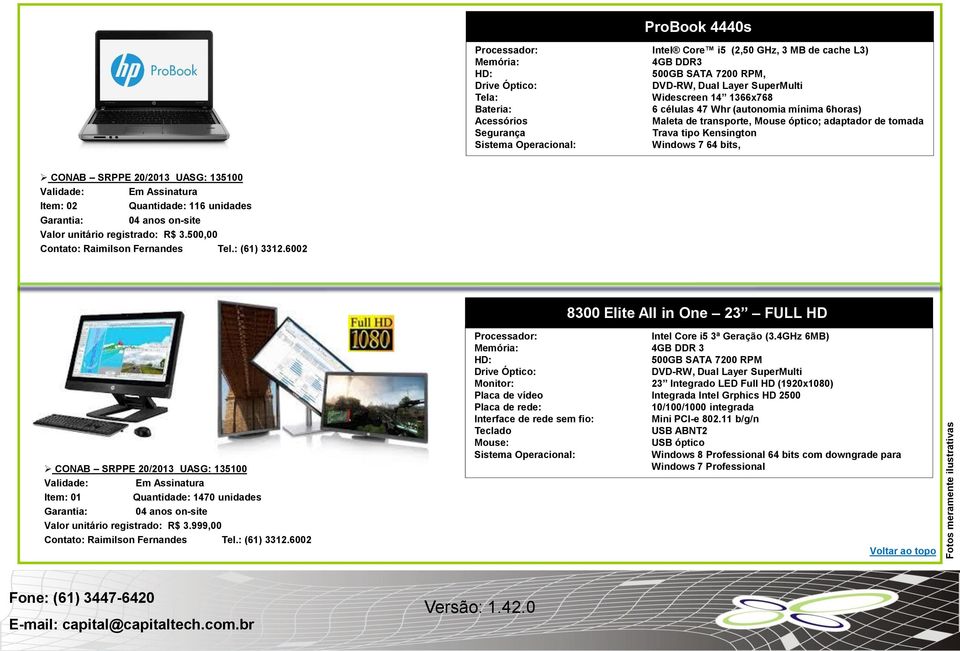 Validade: Em Assinatura Item: 02 Quantidade: 116 unidades Garantia: 04 anos on-site Valor unitário registrado: R$ 3.500,00 Contato: Raimilson Fernandes Tel.: (61) 3312.