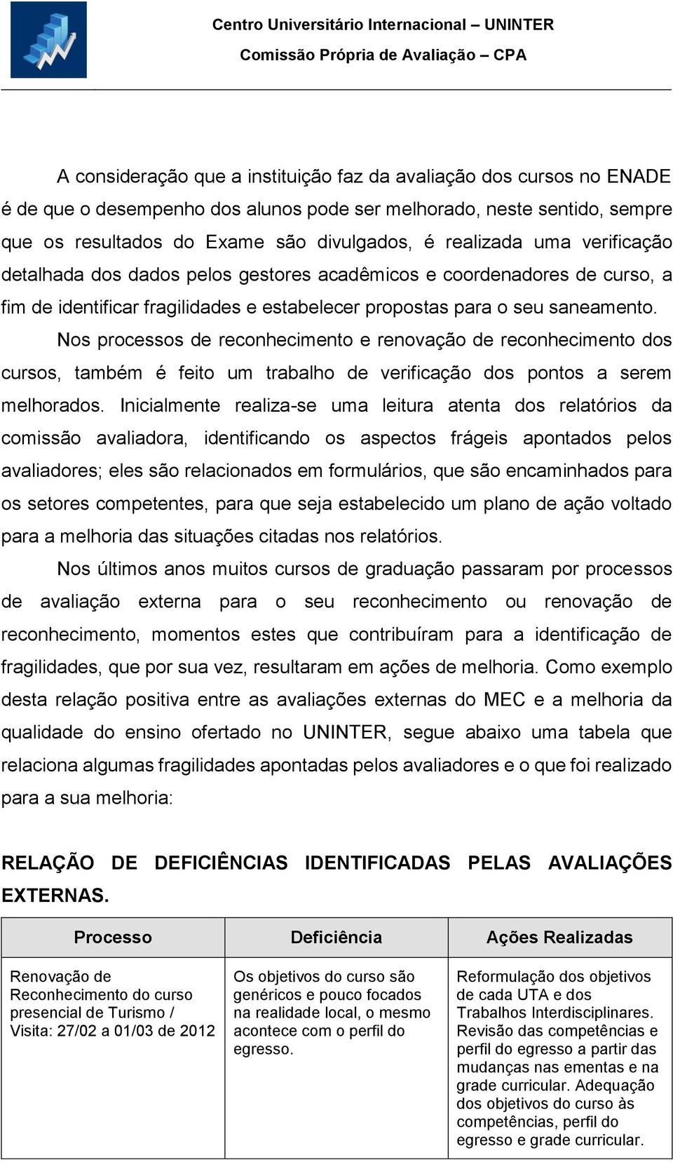 Nos processos de reconhecimento e renovação de reconhecimento dos cursos, também é feito um trabalho de verificação dos pontos a serem melhorados.