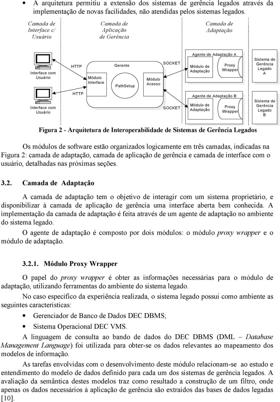 Adaptação Proxy Wrapper Sistema de Gerência Legado A Interface com Usuário HTTP SOCKET Agente de Adaptação B Módulo de Adaptação Proxy Wrapper Sistema de Gerência Legado B Figura 2 - Arquitetura de