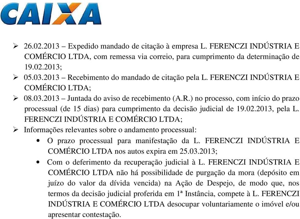 02.2013, pela L. FERENCZI INDÚSTRIA E COMÉRCIO LTDA; Informações relevantes sobre o andamento processual: O prazo processual para manifestação da L.