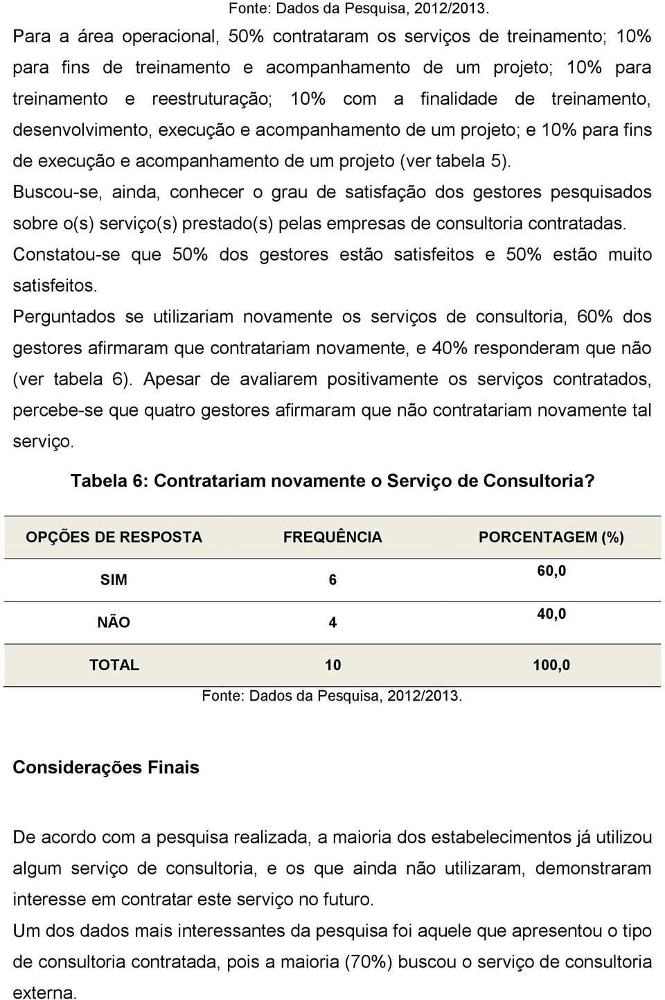 treinamento, desenvolvimento, execução e acompanhamento de um projeto; e 10% para fins de execução e acompanhamento de um projeto (ver tabela 5).