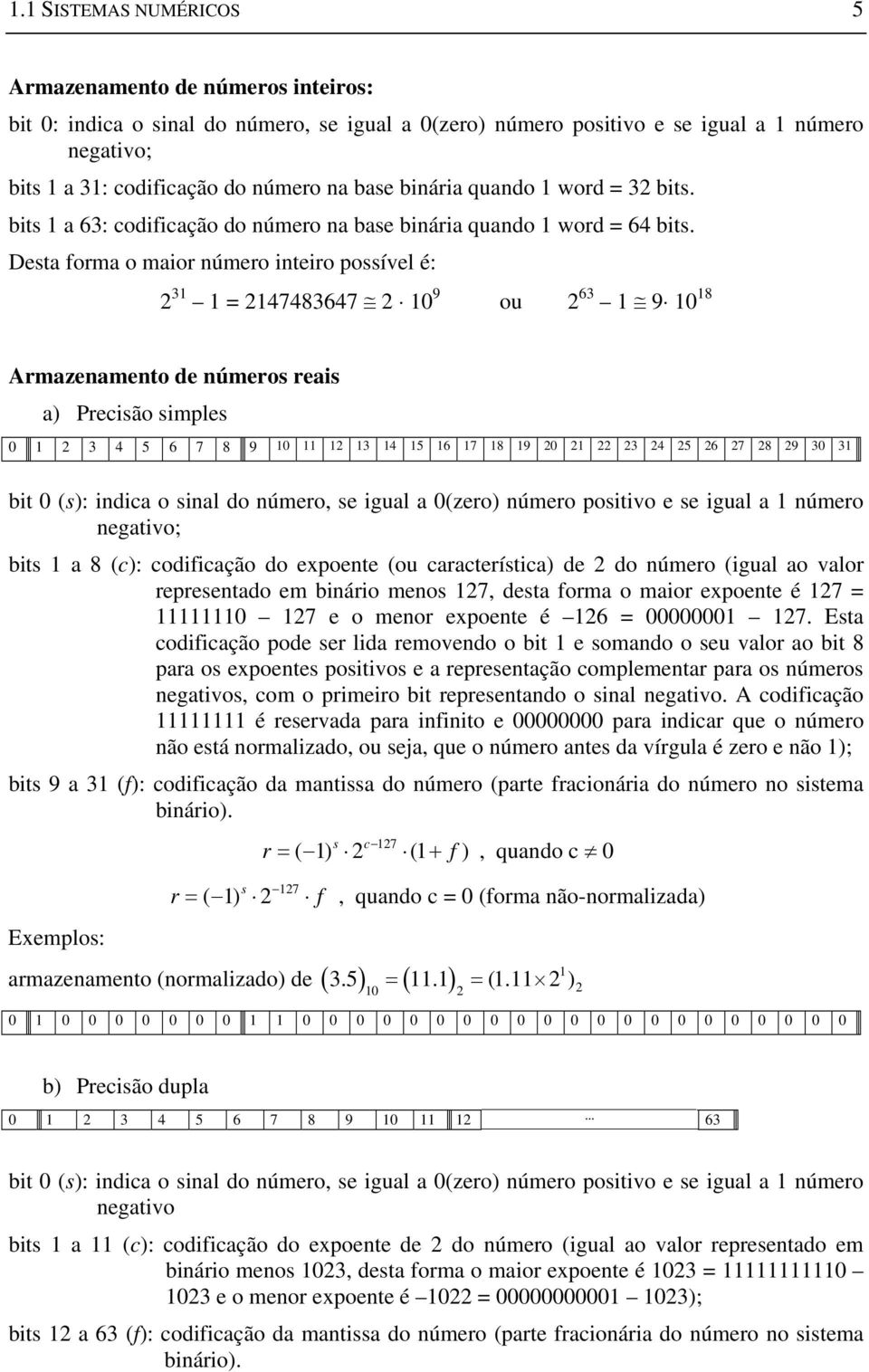 Desta forma o maior número inteiro possível é: 2 31 1 = 2147483647 2 10 9 ou 2 63 1 9 10 18 Armazenamento de números reais a) Precisão simples 0 1 2 3 4 5 6 7 8 9 10 11 12 13 14 15 16 17 18 19 20 21