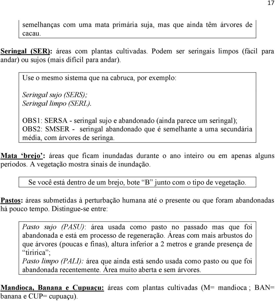 OBS1: SERSA - seringal sujo e abandonado (ainda parece um seringal); OBS2: SMSER - seringal abandonado que é semelhante a uma secundária média, com árvores de seringa.