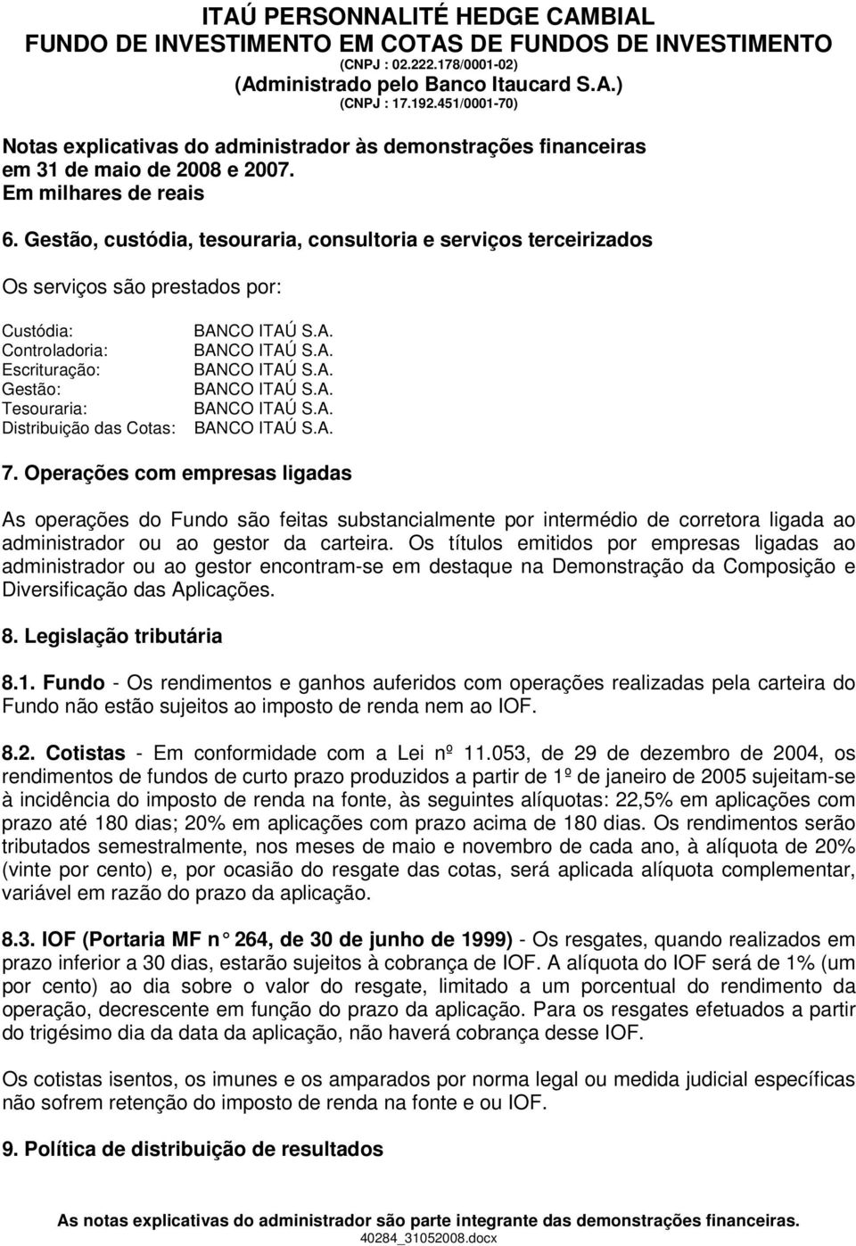 A. Tesouraria: BANCO ITAÚ S.A. Distribuição das Cotas: BANCO ITAÚ S.A. 7.