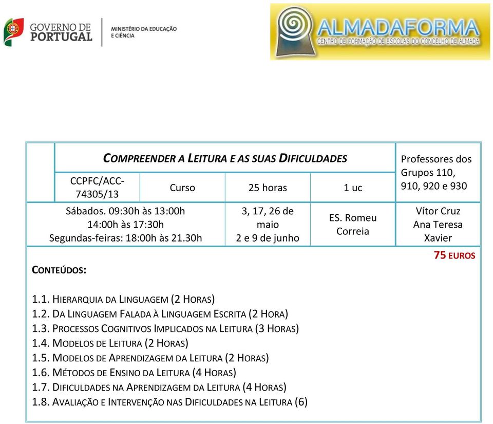 2. DA LINGUAGEM FALADA À LINGUAGEM ESCRITA (2 HORA) 1.3. PROCESSOS COGNITIVOS IMPLICADOS NA LEITURA (3 HORAS) 1.4. MODELOS DE LEITURA (2 HORAS) 1.5.