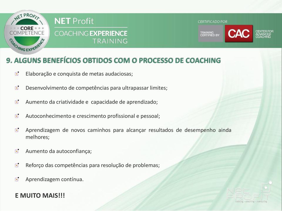 crescimento profissional e pessoal; Aprendizagem de novos caminhos para alcançar resultados de desempenho ainda