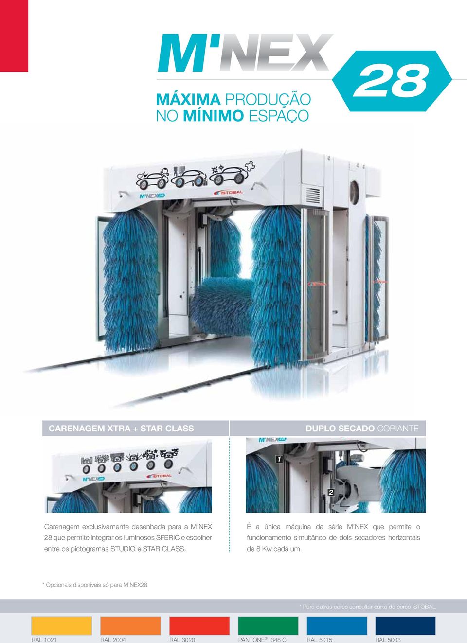 É a única máquina da série M NEX que permite o funcionamento simultâneo de dois secadores horizontais de 8 Kw cada um.