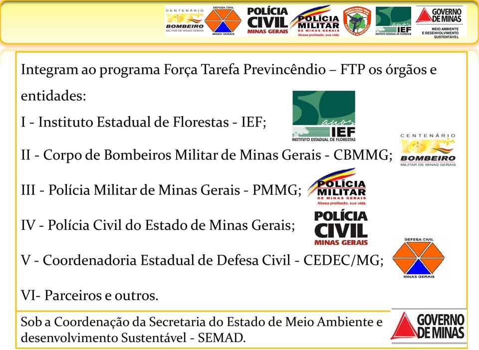 IV - Polícia Civil do Estado de Minas Gerais; V - Coordenadoria Estadual de Defesa Civil - CEDEC/MG; VI-