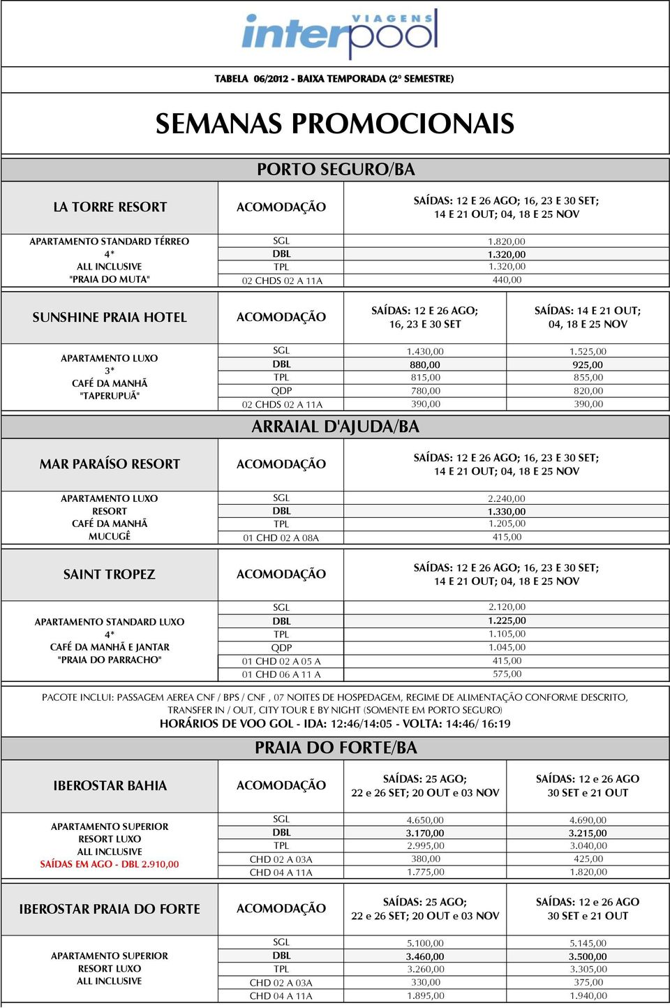 525,00 880,00 925,00 815,00 855,00 QDP 780,00 820,00 02 CHDS 02 A 11A 390,00 390,00 ARRAIAL D'AJUDA/BA MAR PARAÍSO RESORT RESORT MUCUGÊ 01 CHD 02 A 08A 2.240,00 1.330,00 1.