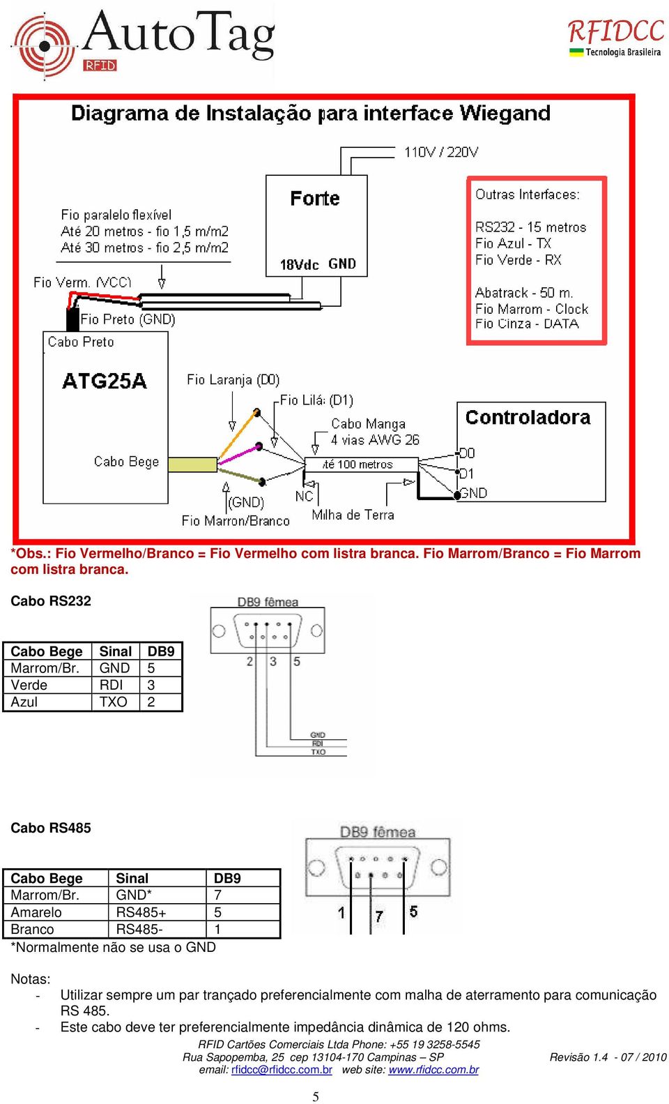 GND* 7 Amarelo RS485+ 5 Branco RS485-1 *Normalmente não se usa o GND Notas: - Utilizar sempre um par trançado