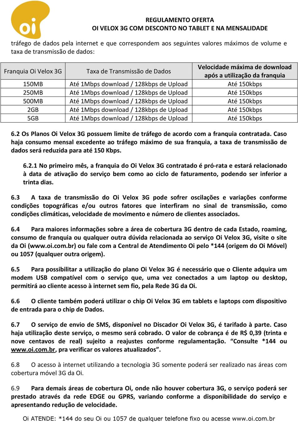 Até 150kbps 2GB Até 1Mbps download / 128kbps de Upload Até 150kbps 5GB Até 1Mbps download / 128kbps de Upload Até 150kbps 6.