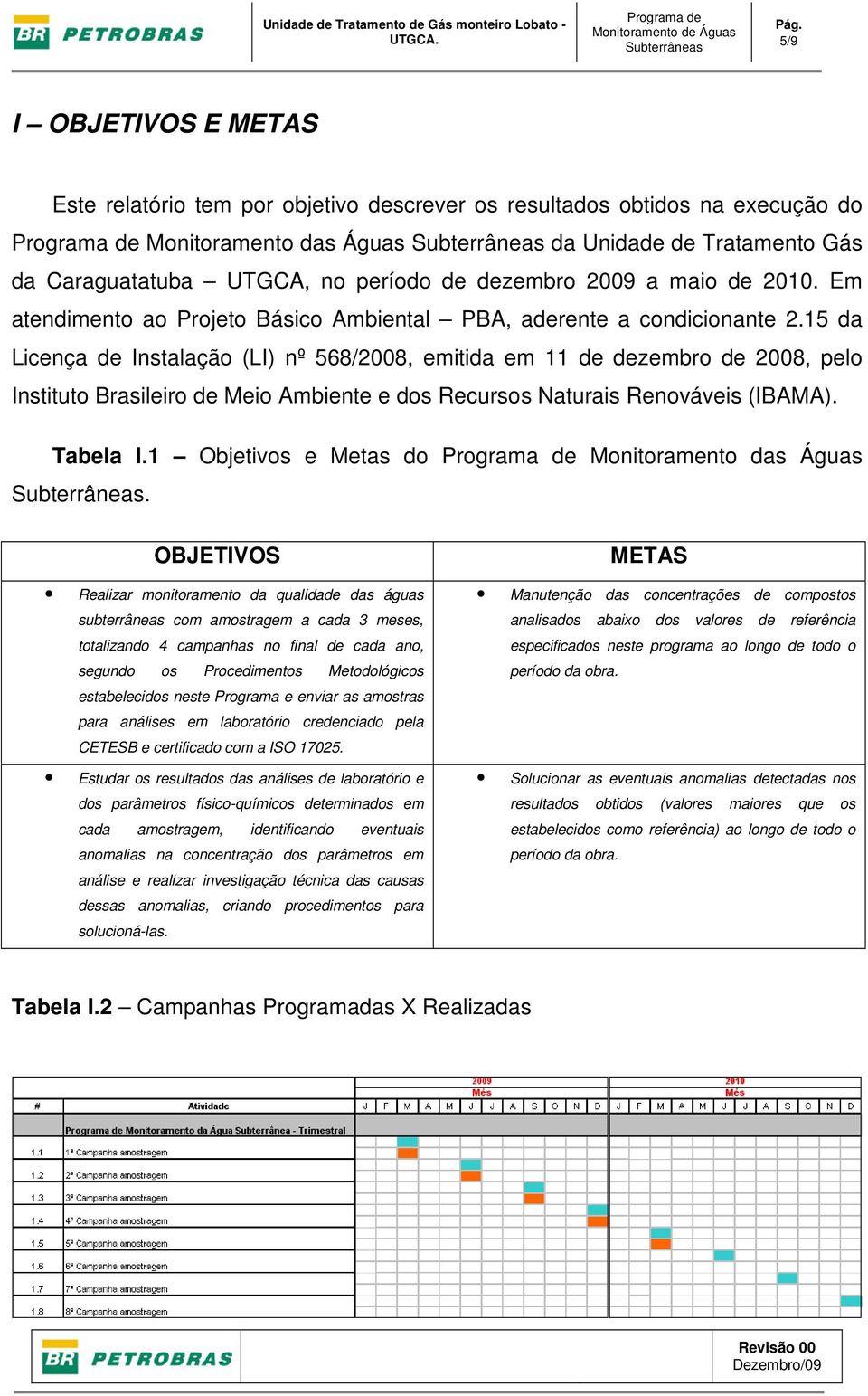 UTGCA, no período de dezembro 2009 a maio de 2010. Em atendimento ao Projeto Básico Ambiental PBA, aderente a condicionante 2.