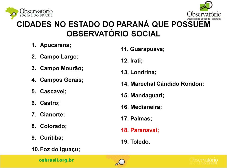 Colorado; 9. Curitiba; 10.Foz do Iguaçu; 11. Guarapuava; 12. Irati; 13. Londrina; 14.