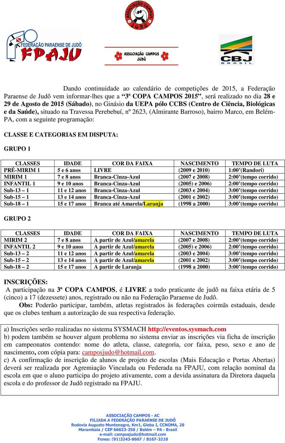 EM DISPUTA: GRUPO 1 CLASSES IDADE COR DA FAIXA NASCIMENTO TEMPO DE LUTA PRÉ-MIRIM 1 5 e 6 anos LIVRE (2009 e 2010) 1:00 (Randori) MIRIM 1 7 e 8 anos Branca-Cinza-Azul (2007 e 2008) 2:00 (tempo