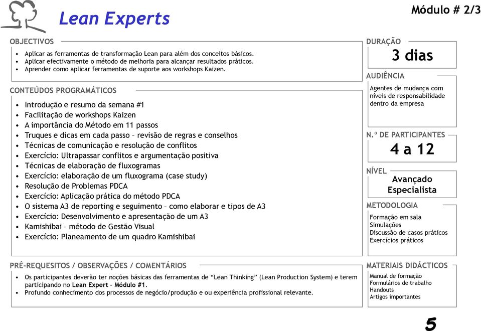 CONTEÚDOS PROGRAMÁTICOS Introdução e resumo da semana #1 Facilitação de workshops Kaizen A importância do Método em 11 passos Truques e dicas em cada passo revisão de regras e conselhos Técnicas de