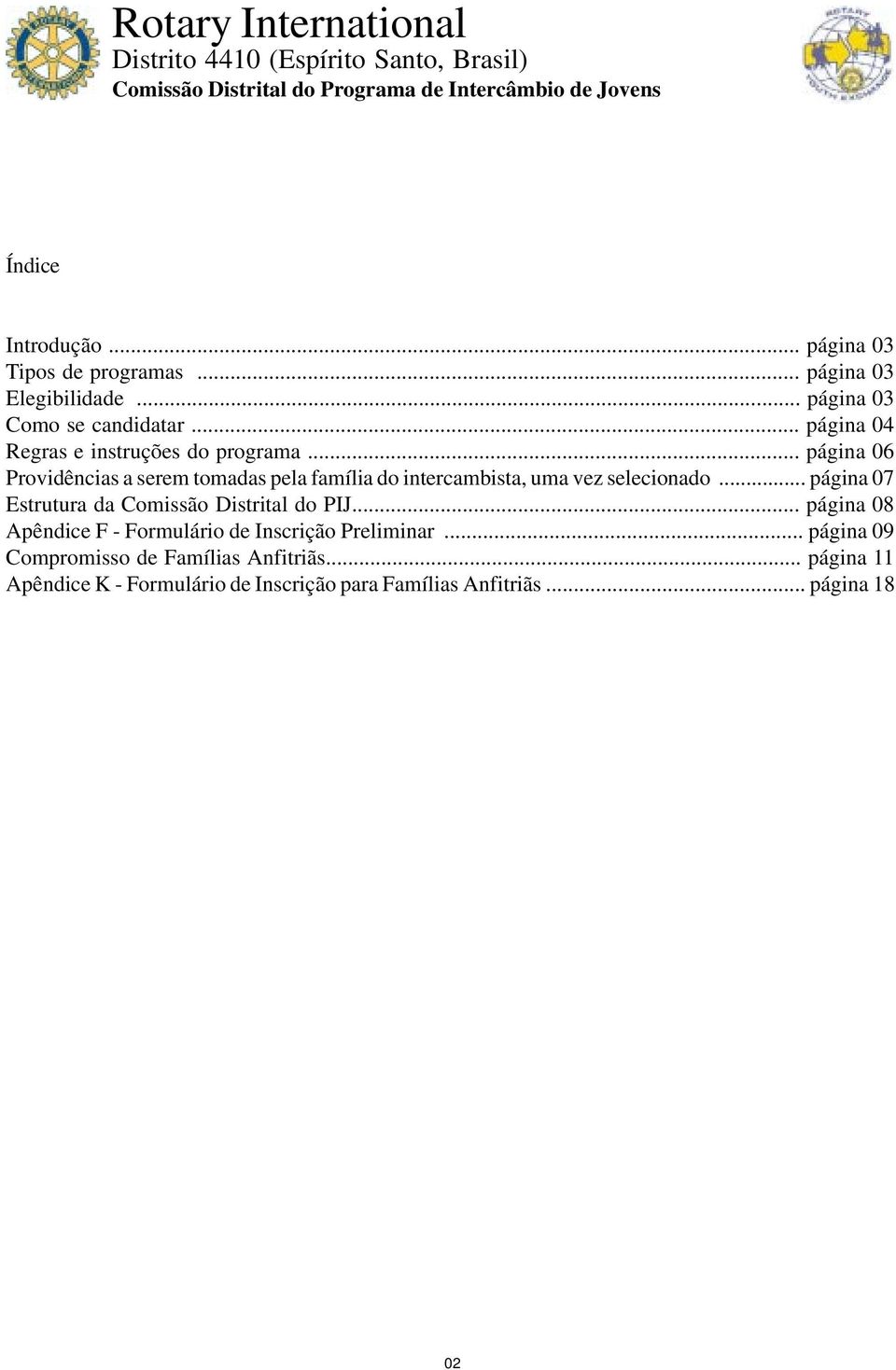 .. página 06 Providências a serem tomadas pela família do intercambista, uma vez selecionado... página 07 Estrutura da Comissão Distrital do PIJ.