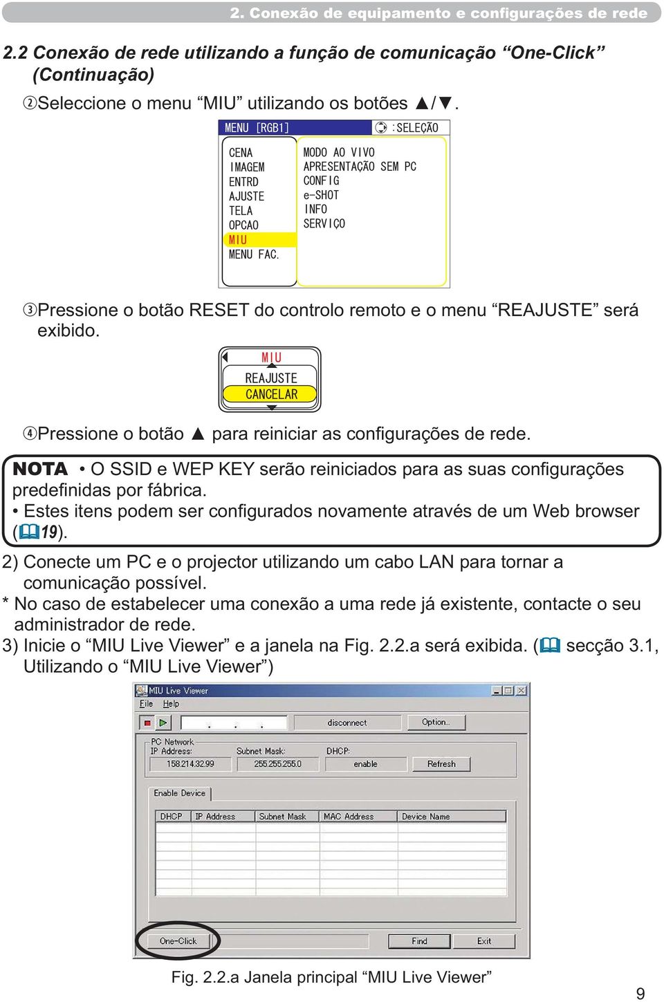 2) Conecte um PC e o projector utilizando um cabo LAN para tornar a administrador de rede.