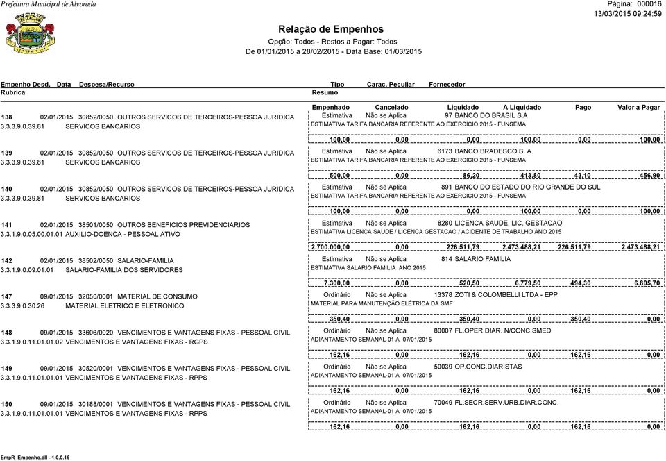 3.3.9.0.39.81 SERVICOS BANCARIOS 141 02/01/2015 38501/0050 OUTROS BENEFICIOS PREVIDENCIARIOS 3.3.1.9.0.05.00.01.01 AUXILIO-DOENCA - PESSOAL ATIVO 142 02/01/2015 38502/0050 SALARIO-FAMILIA 3.3.1.9.0.09.