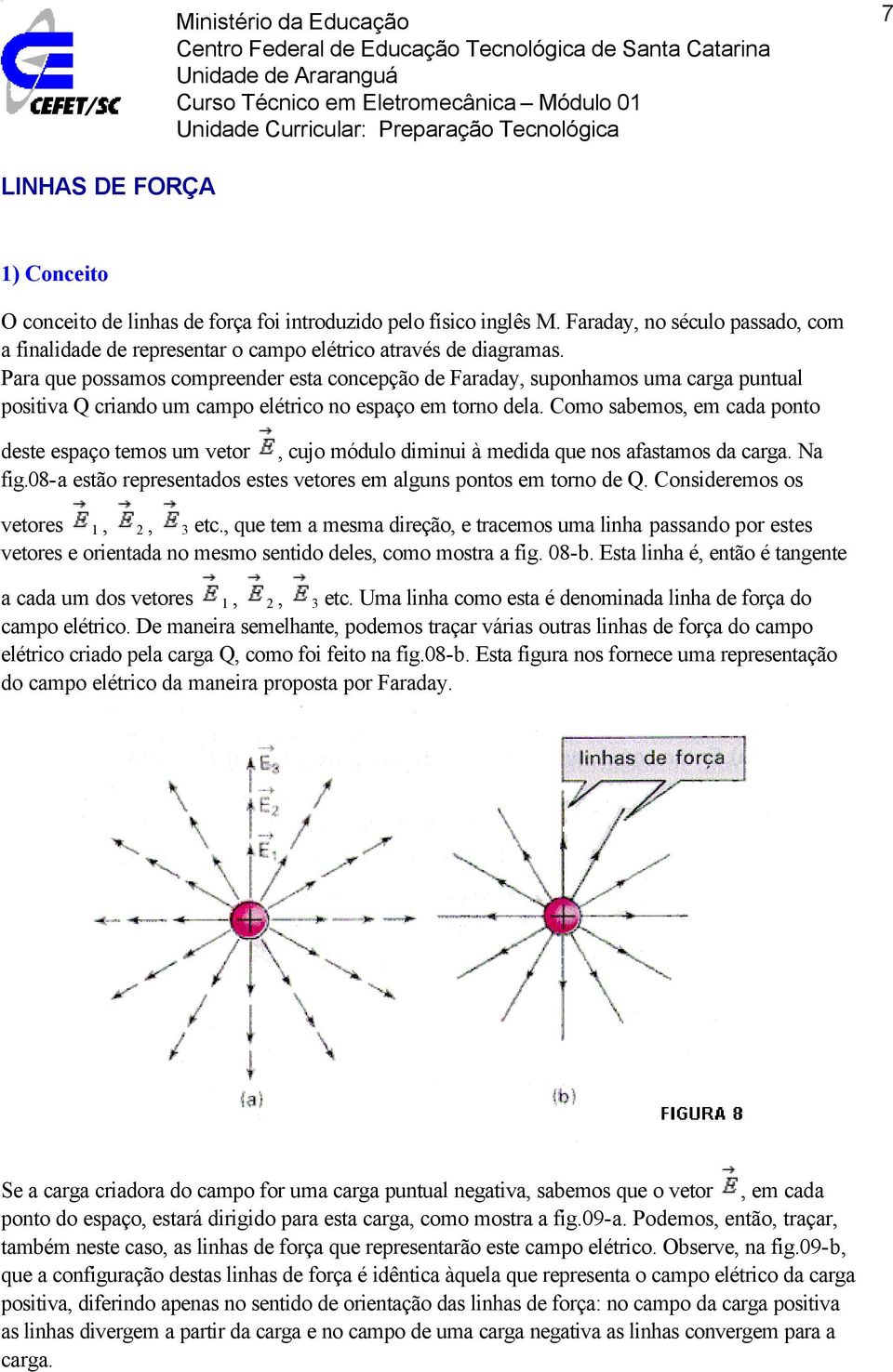 Como sabemos, em cada ponto deste espaço temos um vetor, cujo módulo diminui à medida que nos afastamos da carga. Na fig.08-a estão representados estes vetores em alguns pontos em torno de Q.