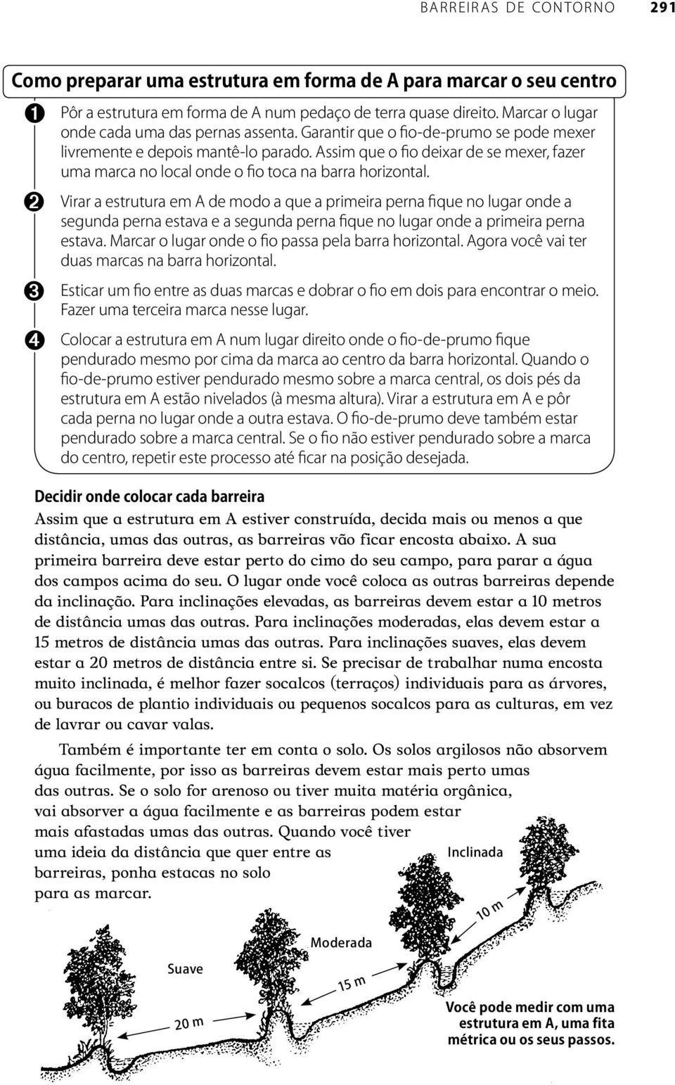 Para inclinações elevadas, as barreiras devem estar a 10 metros de distância umas das outras. Para inclinações moderadas, elas devem estar a 15 metros de distância umas das outras.