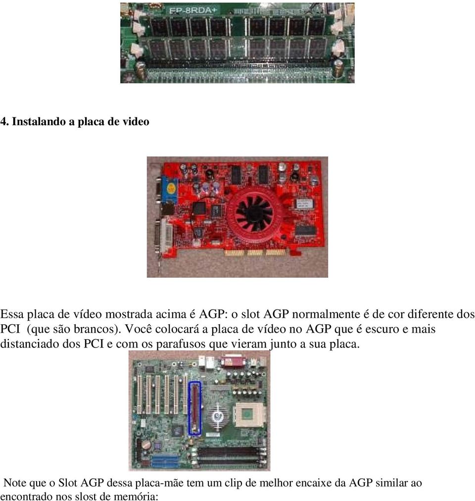 Você colocará a placa de vídeo no AGP que é escuro e mais distanciado dos PCI e com os parafusos