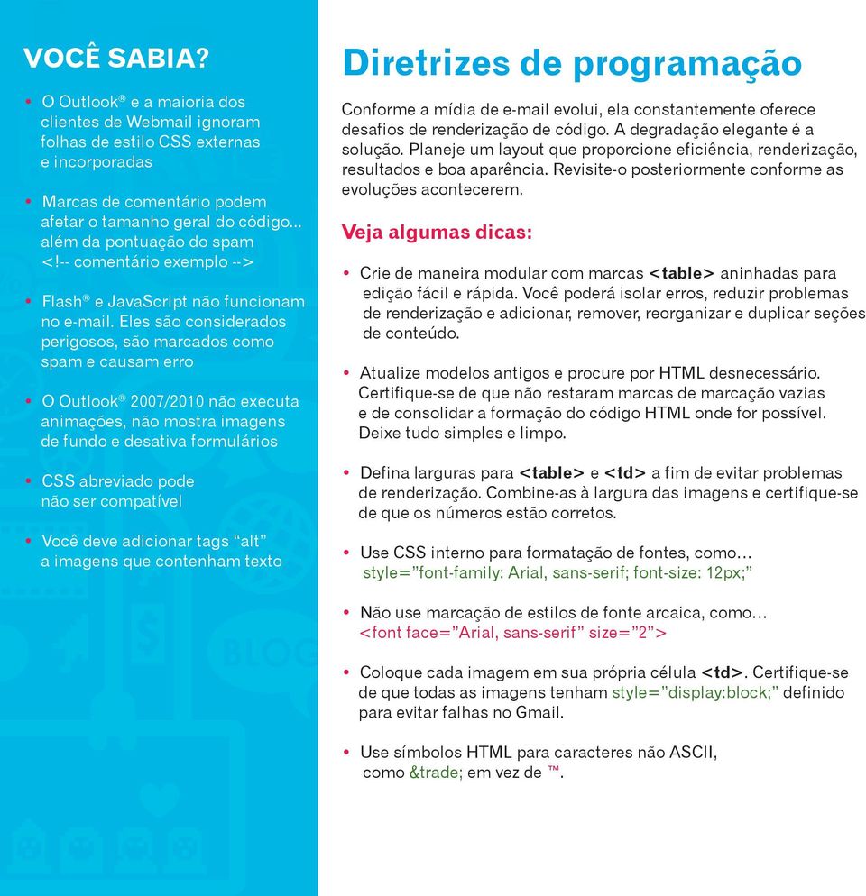 Eles são considerados perigosos, são marcados como spam e causam erro O Outlook 2007/2010 não executa animações, não mostra imagens de fundo e desativa formulários CSS abreviado pode não ser