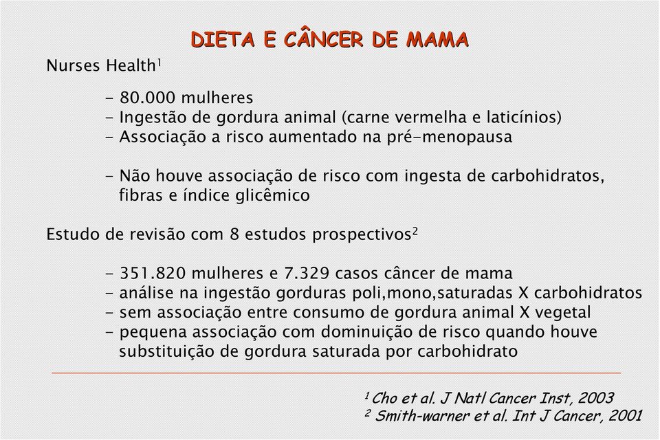 de carbohidratos, fibras e índice glicêmico Estudo de revisão com 8 estudos prospectivos 2-351.820 mulheres e 7.