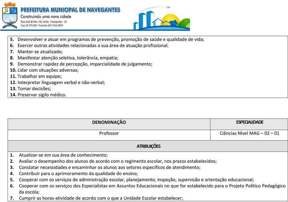 Interpretar linguagem verbal e não-verbal; 13. Tomar decisões; 14. Preservar sigilo médico. Professor Ciências Nível MAG 02 01 1. Atualizar-se em sua área de conhecimento; 2.