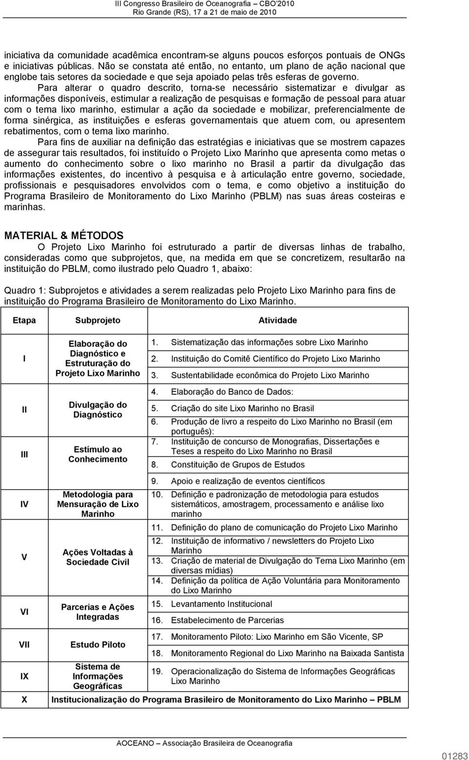 Para alterar o quadro descrito, torna-se necessário sistematizar e divulgar as informações disponíveis, estimular a realização de pesquisas e formação de pessoal para atuar com o tema lixo marinho,