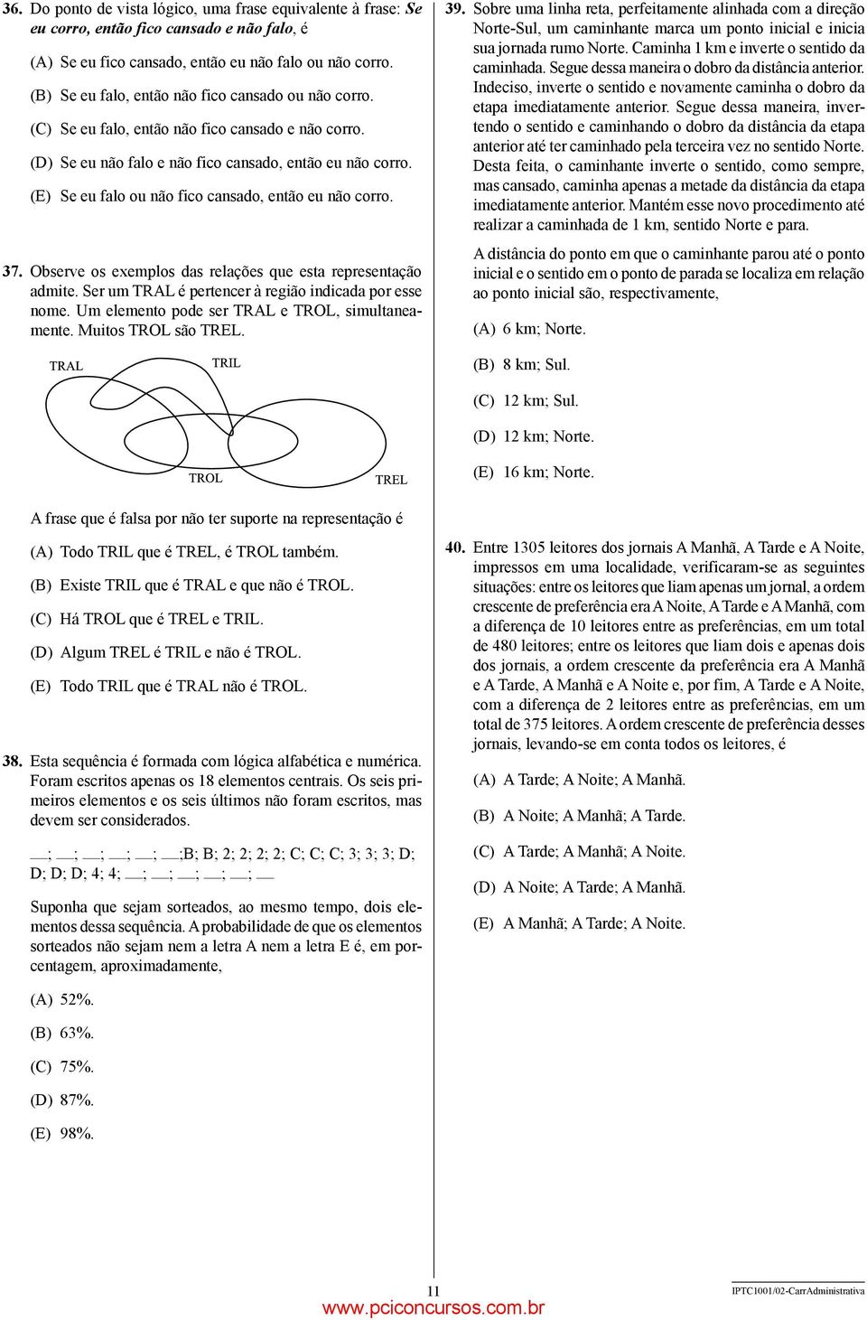 (E) Se eu falo ou não fico cansado, então eu não corro. 37. Observe os exemplos das relações que esta representação admite. Ser um TRAL é pertencer à região indicada por esse nome.