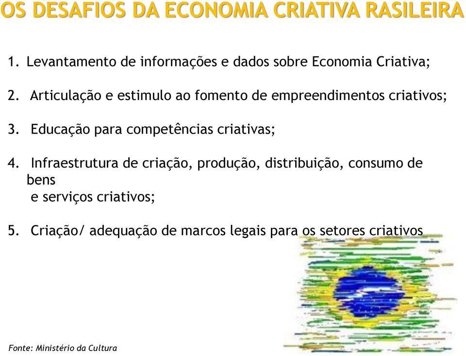 Articulação e estimulo ao fomento de empreendimentos criativos; 3.