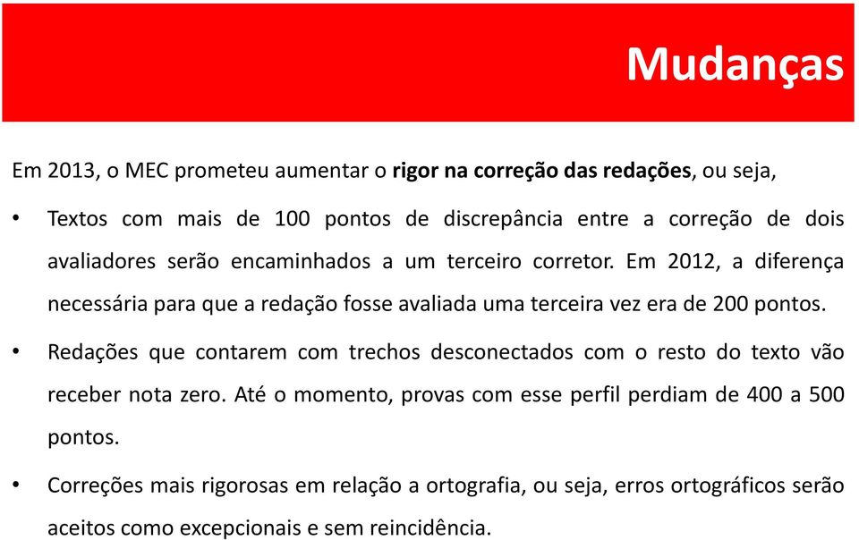 Em 2012, a diferença necessária para que a redação fosse avaliada uma terceira vez era de 200 pontos.