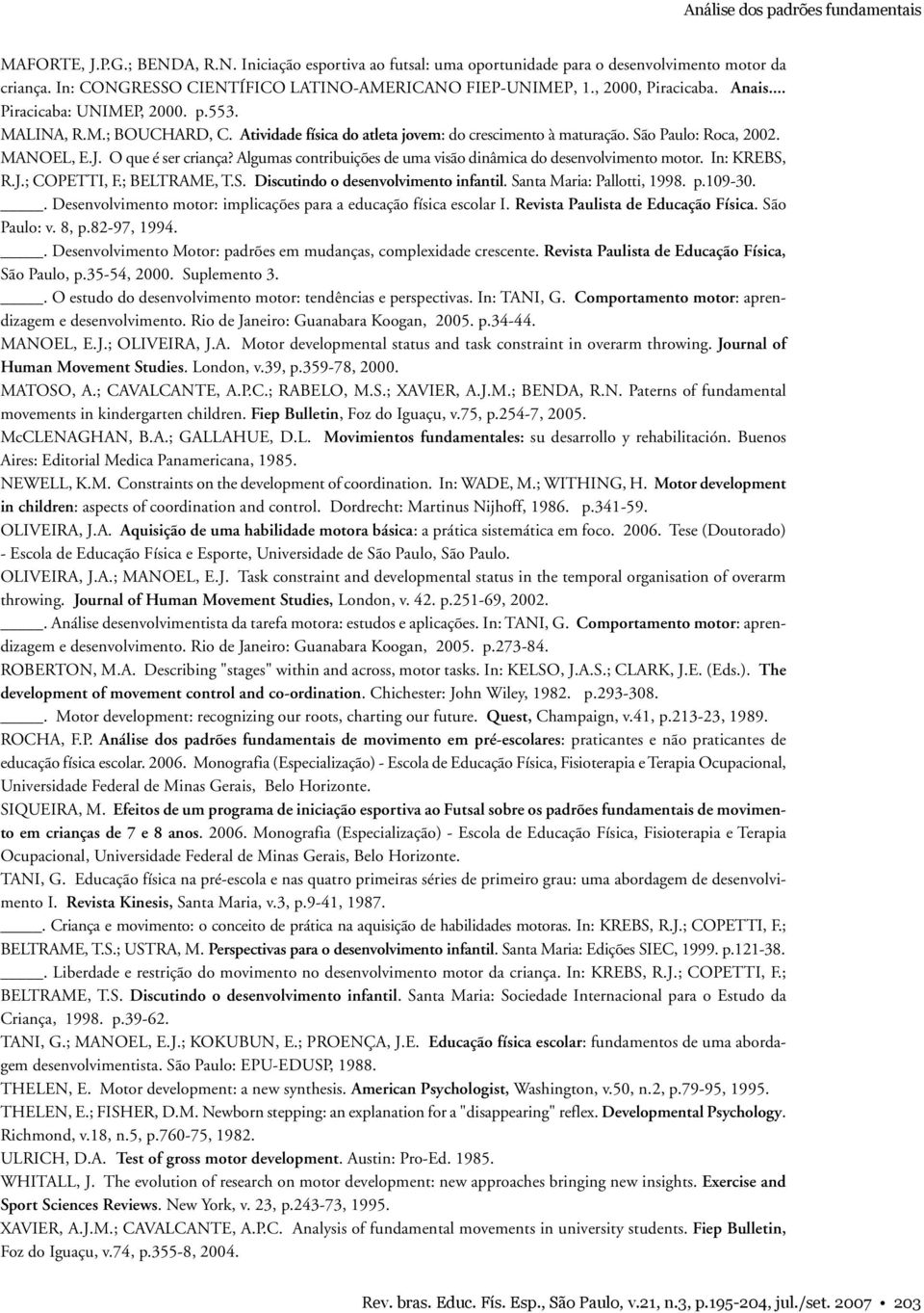 Atividade física do atleta jovem: do crescimento à maturação. São Paulo: Roca, 2002. MANOEL, E.J. O que é ser criança? Algumas contribuições de uma visão dinâmica do desenvolvimento motor.