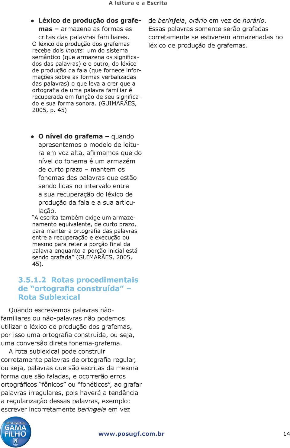 formas verbalizadas das palavras) o que leva a crer que a ortografia de uma palavra familiar é recuperada em função de seu significado e sua forma sonora. (GUIMARÃES, 2005, p.