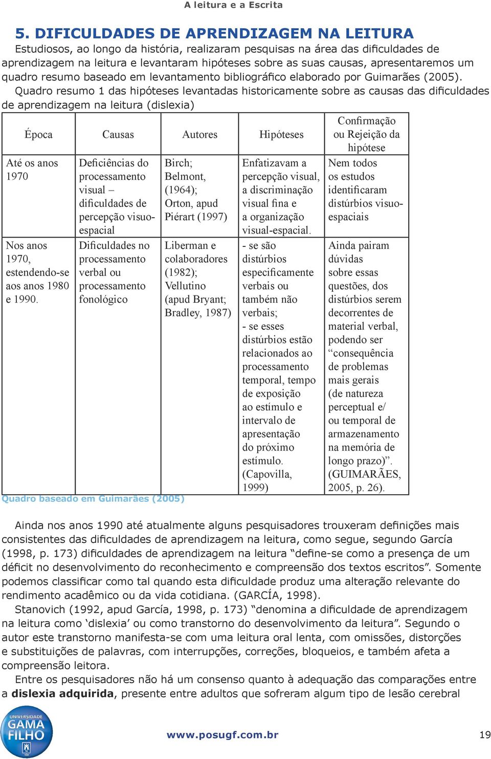 Quadro resumo 1 das hipóteses levantadas historicamente sobre as causas das dificuldades de aprendizagem na leitura (dislexia) Época Causas Autores Hipóteses Até os anos 1970 Nos anos 1970,