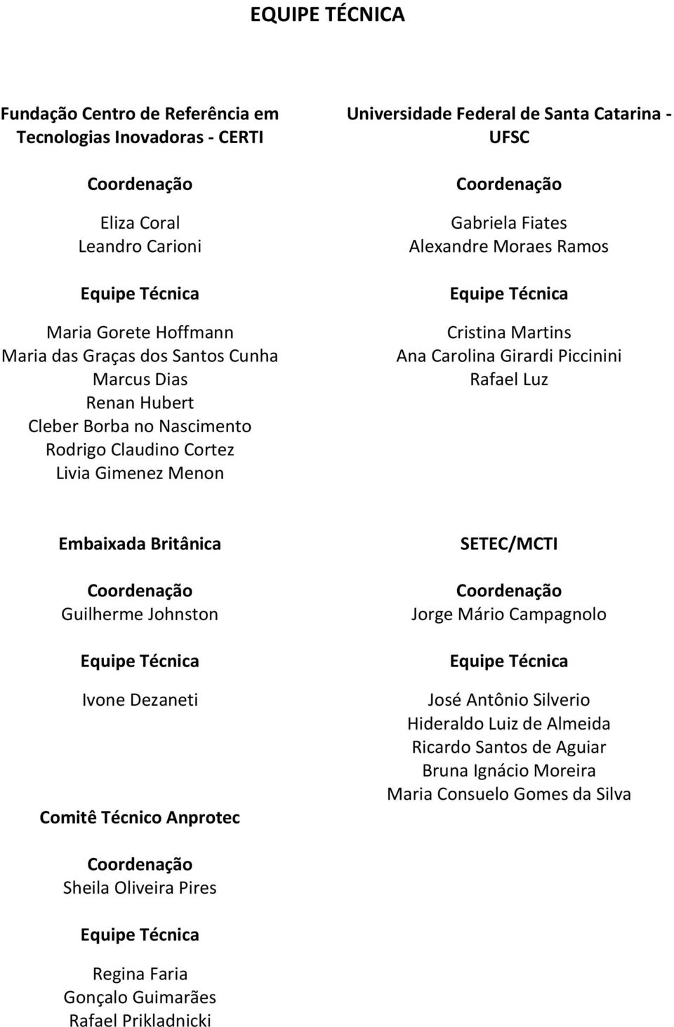 Técnica Cristina Martins Ana Carolina Girardi Piccinini Rafael Luz Embaixada Britânica Coordenação Guilherme Johnston Equipe Técnica Ivone Dezaneti Comitê Técnico Anprotec SETEC/MCTI Coordenação