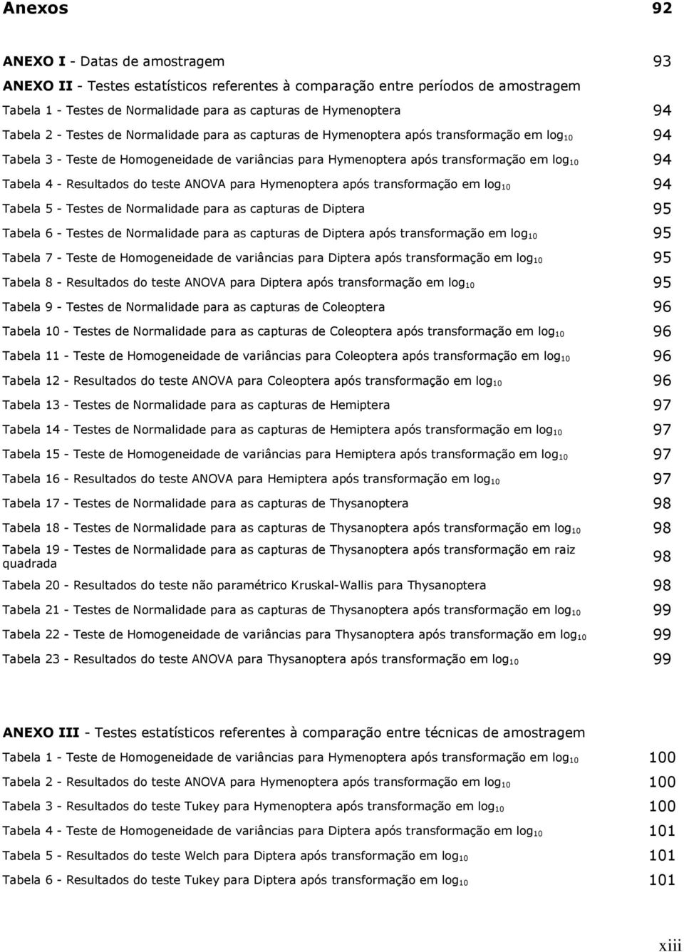 Tabela 4 - Resultados do teste ANOVA para Hymenoptera após transformação em log 10 94 Tabela 5 - Testes de Normalidade para as capturas de Diptera 95 Tabela 6 - Testes de Normalidade para as capturas