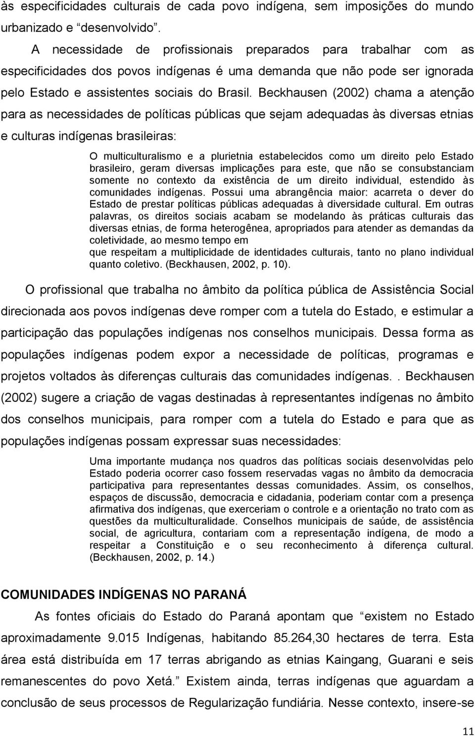 Beckhausen (2002) chama a atenção para as necessidades de políticas públicas que sejam adequadas às diversas etnias e culturas indígenas brasileiras: O multiculturalismo e a plurietnia estabelecidos
