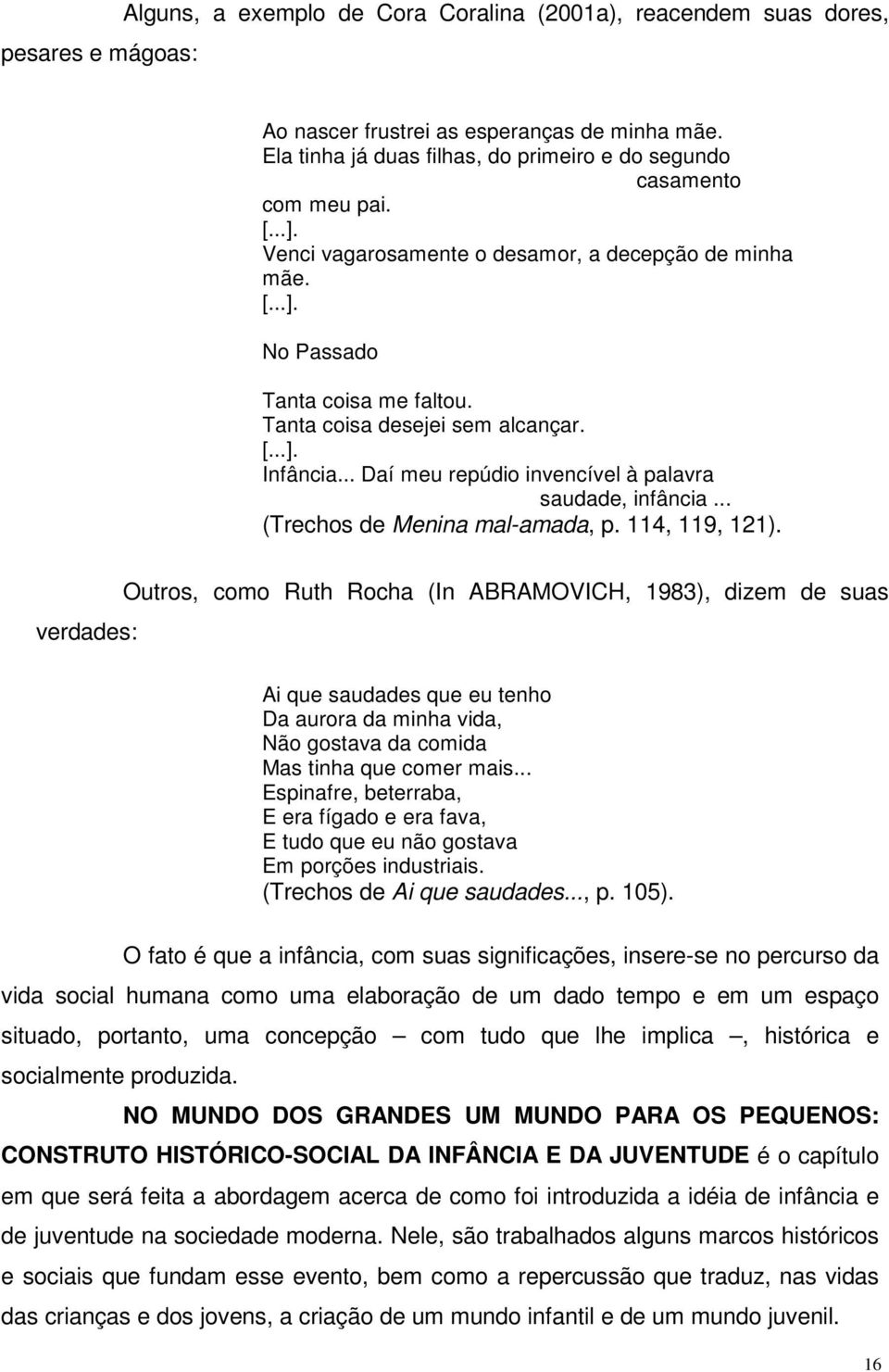 Tanta coisa desejei sem alcançar. [...]. Infância... Daí meu repúdio invencível à palavra saudade, infância... (Trechos de Menina mal-amada, p. 114, 119, 121).