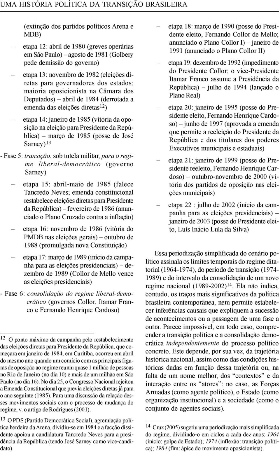 janeiro de 1985 (vitória da oposição na eleição para Presidente da República) março de 1985 (posse de José Sarney) 13 - Fase 5: transição, sob tutela militar, para o regime liberal-democrático