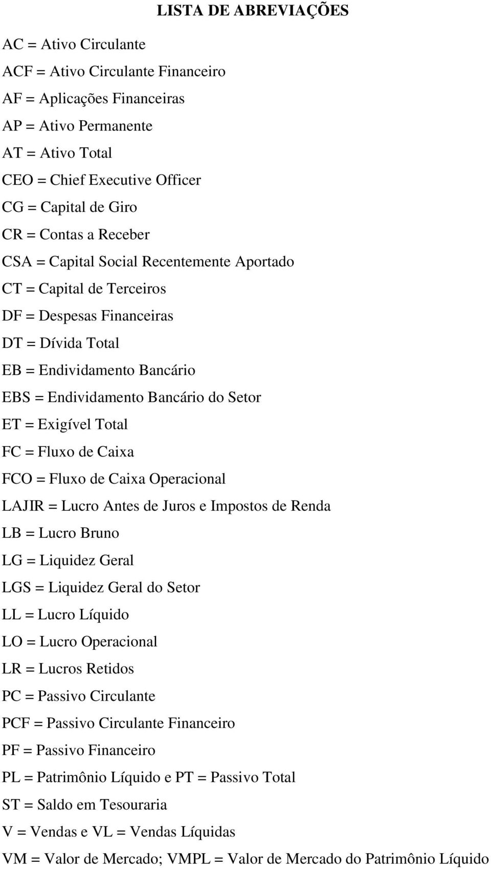 = Exigível Total FC = Fluxo de Caixa FCO = Fluxo de Caixa Operacional LAJIR = Lucro Antes de Juros e Impostos de Renda LB = Lucro Bruno LG = Liquidez Geral LGS = Liquidez Geral do Setor LL = Lucro