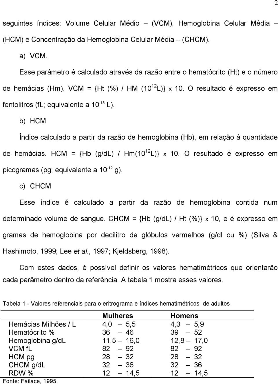 b) HCM Índice calculado a partir da razão de hemoglobina (Hb), em relação à quantidade de hemácias. HCM = {Hb (g/dl) / Hm(10 12 L)} x 10.