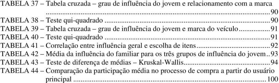 ..91 TABELA 41 Correlação entre influência geral e escolha de itens.