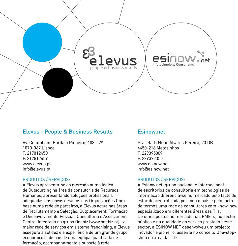 Com base numa rede de parceiros, a Elevus actua nas áreas de Recrutamento e Selecção, Outplacement, Formação e Desenvolvimento Pessoal, Consultoria e Assessment Centre. Integrada no grupo Onebiz (www.