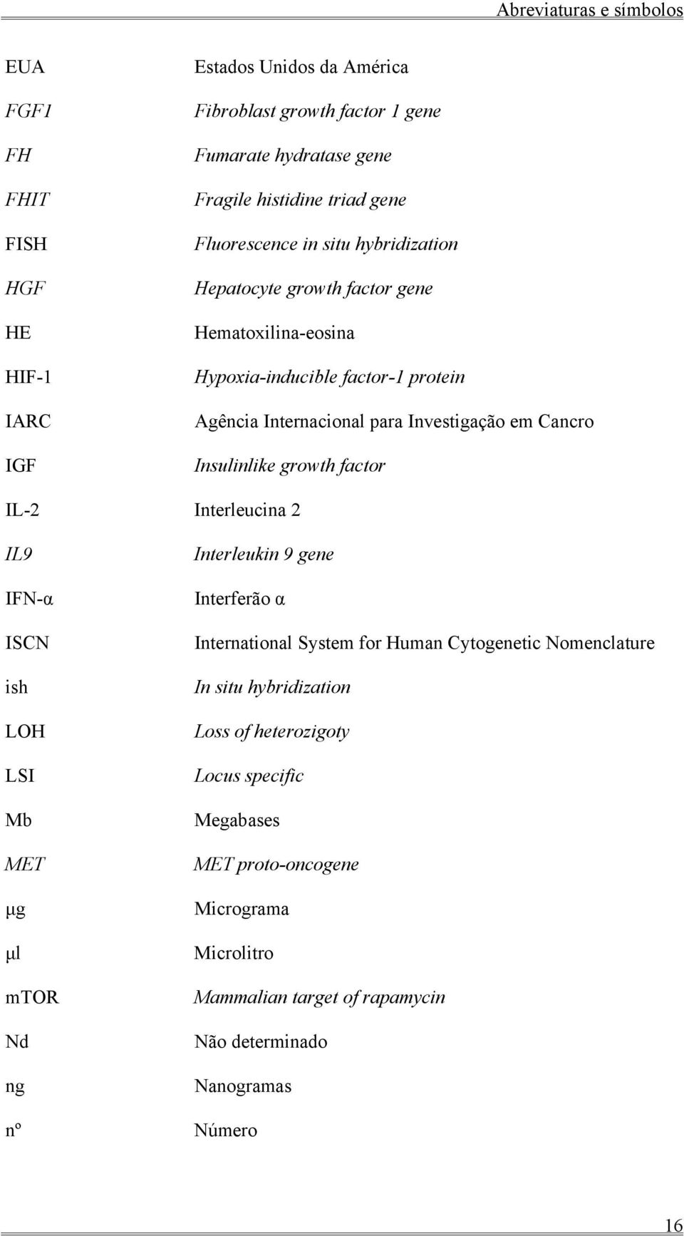 Insulinlike growth factor IL-2 Interleucina 2 IL9 IFN-α ISCN ish LOH LSI Mb MET μg μl mtor Nd ng Interleukin 9 gene Interferão α International System for Human Cytogenetic