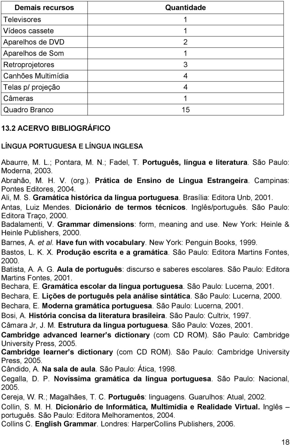 Prática de Ensino de Língua Estrangeira. Campinas: Pontes Editores, 2004. Ali, M. S. Gramática histórica da língua portuguesa. Brasília: Editora Unb, 2001. Antas, Luiz Mendes.